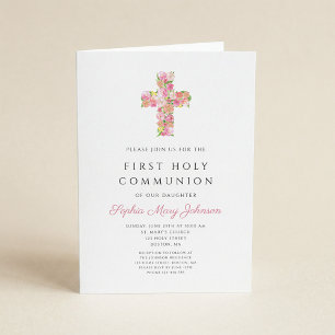 Rosa florales Kreuz religiöses Mädchen Erste Kommu Einladung