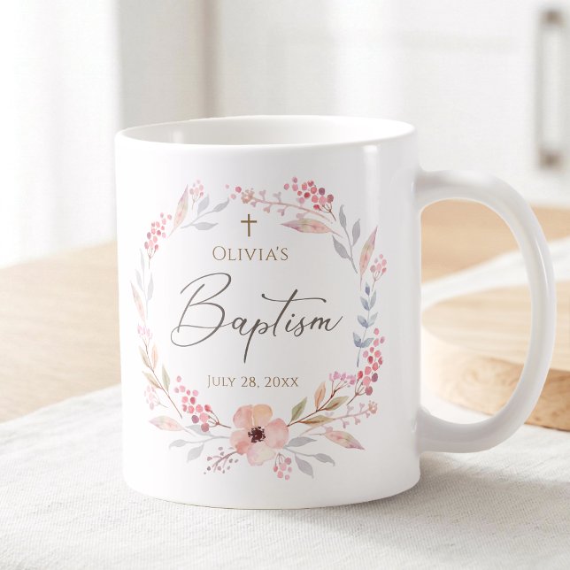 Rosa Florales Mädchen Taufe Kaffeetasse (Blush Pink Floral Girl Baptism Coffee Mug)
