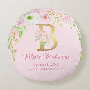 Rosa florales Monogramm Baby-Statistiken Rundes Kissen