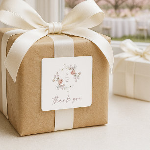 Rosa florales Monogramm “Danke” Hochzeit Quadratischer Aufkleber