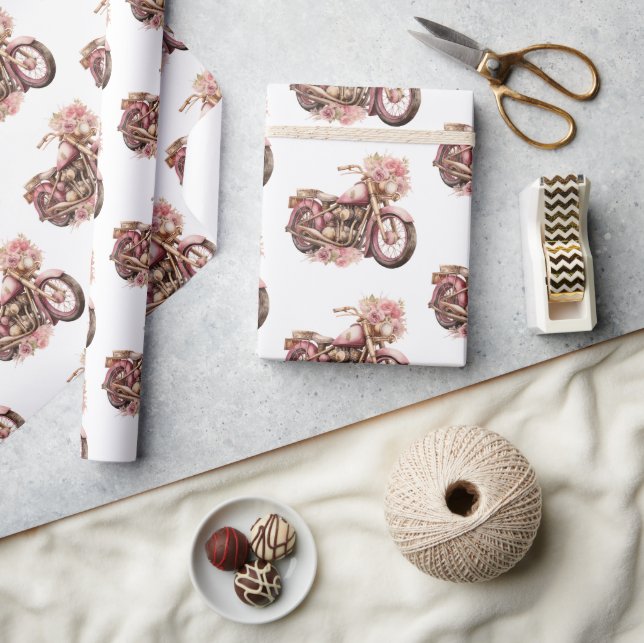 Rosa florales Motorrad-Geburtstag Geschenkpapier (Kunsthandwerk)