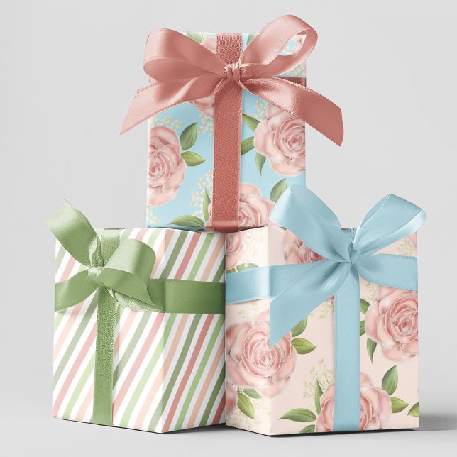 Rosa florales Muster Chic Elegante Geschenkpapier Set (Blush pink floral pattern wrapping paper set.)