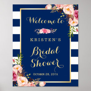 Rosa florales Navy-Blau gestreifte Hochzeits-Party Poster