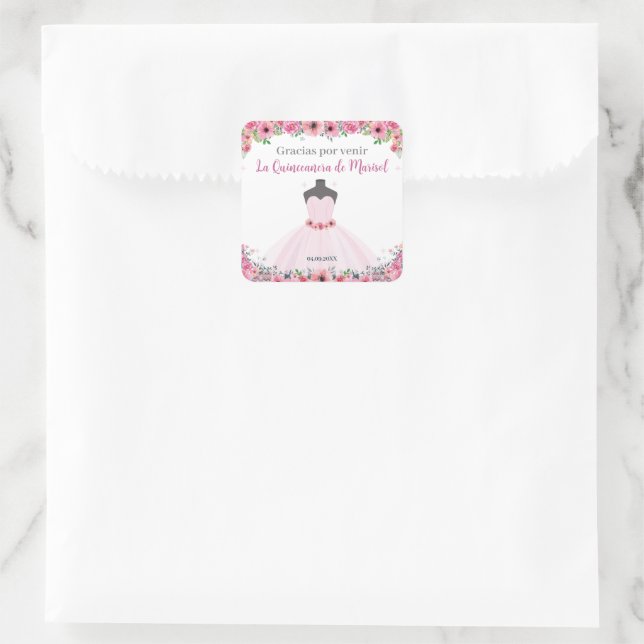 Rosa florales Quinceanera Party Quadratischer Aufkleber (Tasche)