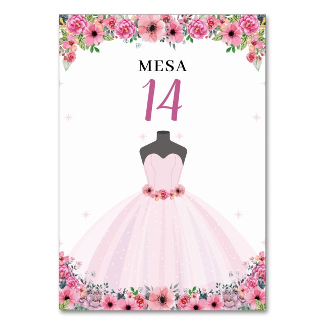 Rosa florales Quinceanera Party Tischnummer (Vorderseite)