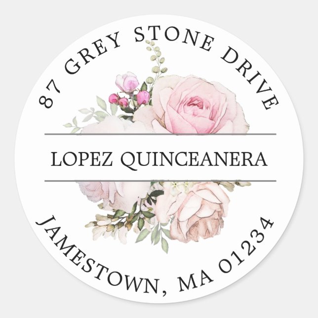 Rosa florales Quinceanera Rücksendeadresse Runder Aufkleber (Vorderseite)