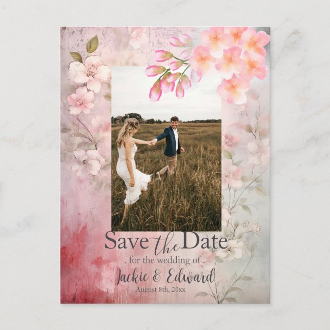 Rosa florales Romantisches Save the Date Foto Postkarte (Vorderseite)