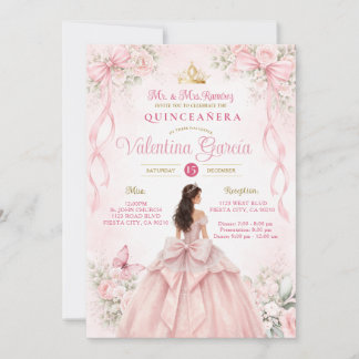 Rosa Florales Schleifenband Quinceañera Einladung