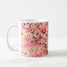 Rosa florales Smiley-Gesicht Retro-Ästhetik-Kaffee