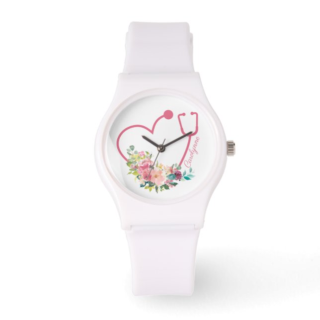Rosa florales Stethoskop Herzkrankenarzt Armbanduhr (Vorderseite)