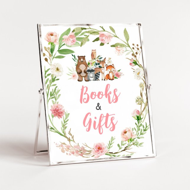 Rosa Florales Wald Bücher und Geschenke Schild (Girl Woodland Animals Baby Shower Books and Gifts Sign)