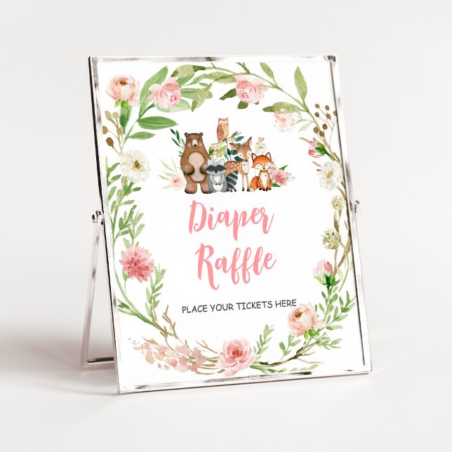 Rosa Florales Wald-Duschwindel-Raffle-Schild Poster (Girl Woodland Animals Baby Shower Diaper Raffle Sign)
