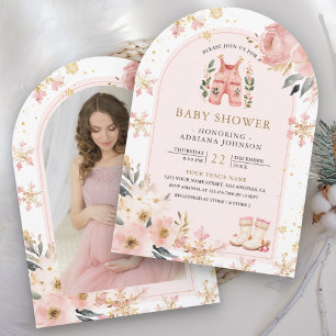 Rosa florales Winter-Wunderland-Foto-Baby-Party Einladung