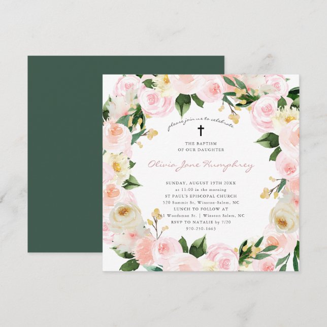 Rosa Florals Blush | Frühjahrsflorale Taufe Einladung (Vorne/Hinten)
