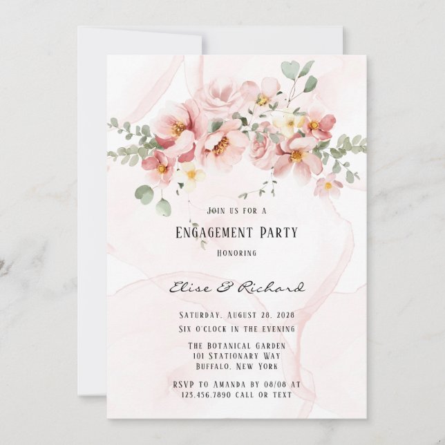 Rosa Florals Elegante Eukalyptus Engagement Party Einladung (Vorderseite)