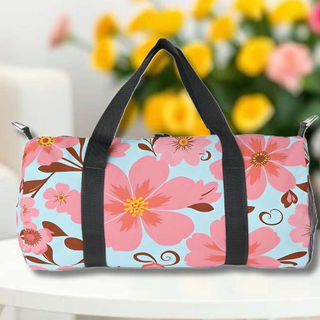 Rosa Florals - Pastel Vibes-Retro-Blume Duffle Bag (Pink Floral Mood –Pastel Vibes-Pastel pink blue and mocha chocolate- Duffle Bag )