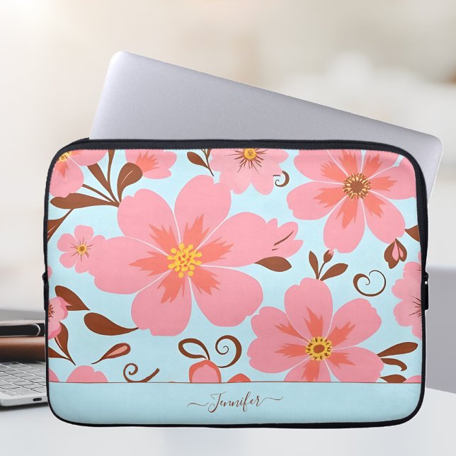 Rosa Florals - Pastel Vibes-Retro-Blume Laptopschutzhülle (Pink Floral Mood –Pastel Vibes-Laptop Sleeve-Personalize)