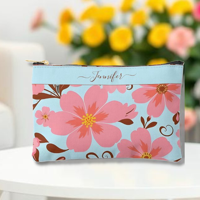 Rosa Florals - Pastel Vibes-Retro-Blume Zubehörtasche (Pink Floral Mood –Pastel Vibes  Accessory Pouch-Personalize)