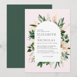 Rosa Florals und Grüne Botanische Hochzeit Einladung