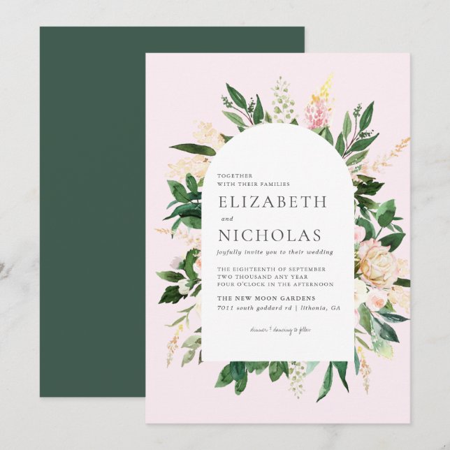 Rosa Florals und Grüne Botanische Hochzeit Einladung (Vorne/Hinten)