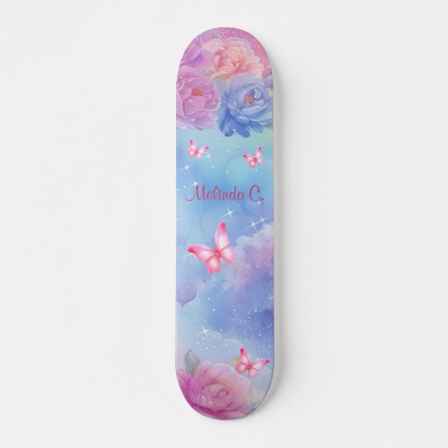 Rosa Florals und rosa Schmetterlinge Regenbogenwol Skateboard (Vorne)