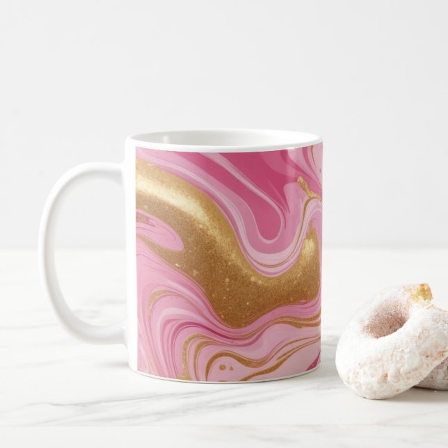 Rosa Flüssigkeit mit goldenen Streifen Kaffeetasse (Mit Donut)