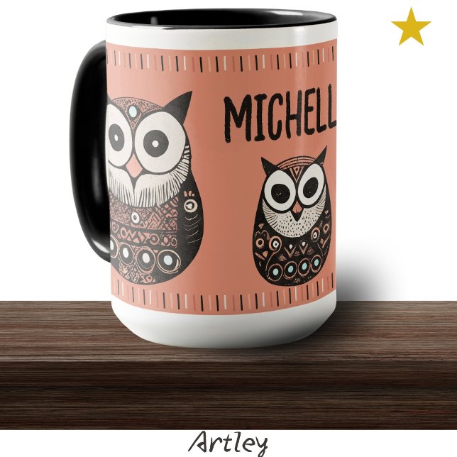 Rosa Folk Art Owl Individuelle Name Tasse (Von Creator hochgeladen)