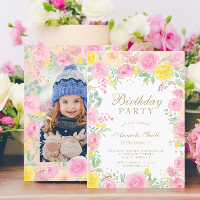 Rosa Foto Aquarell Kindergeburtstag Party Einladung (Pink floral watercolor photo kids birthday party invitation)