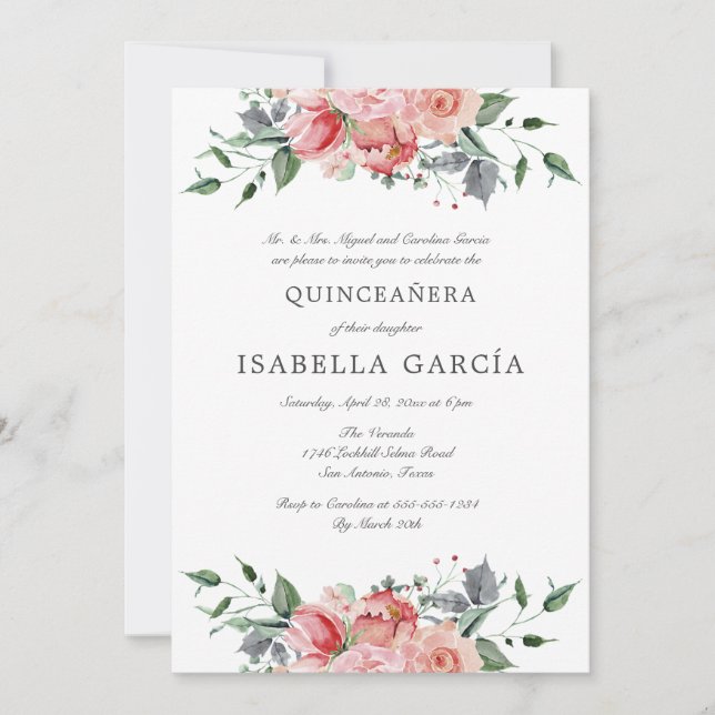 Rosa Foto Bibel Verse Quinceañera Einladung (Vorderseite)