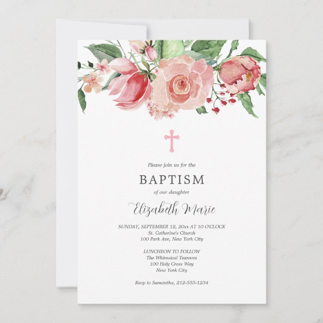 Rosa Foto Bibel Verse Taufe für Mädchen Einladung (Vorderseite)