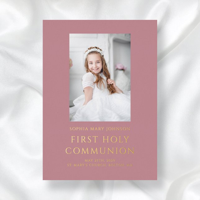 Rosa Foto Girl del Malcantone Folieneinladung (Elegant Pink Photo Girl First Communion Gold Foil Invitation)