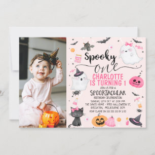 Rosa Foto Girls Spooky Ein Halloween 1. Geburtstag Einladung