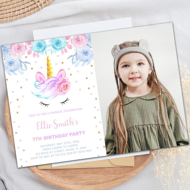 Rosa Foto Grüne Blüte Einladung (Pink Photo Green Floral Unicorn Invitations)