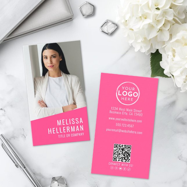 Rosa Foto QR-Code-Logo Vertikal Visitenkarte (Pink Photo QR Code Logo Vertical Business Card )