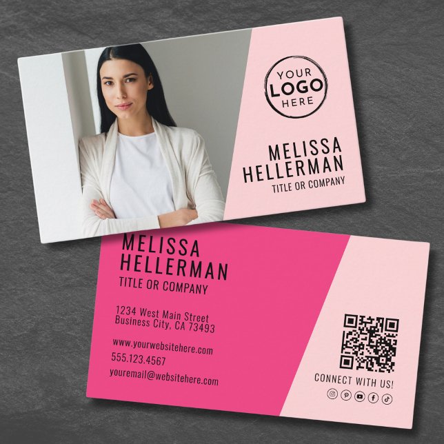 Rosa Foto QR Code Unternehmen Ihr Logo Visitenkarte (Pink Photo QR Code Company Your Logo Business Card)