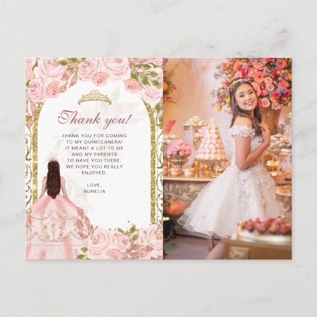 Rosa Foto Quinceañera Vielen Dank Postkarte (Vorderseite)