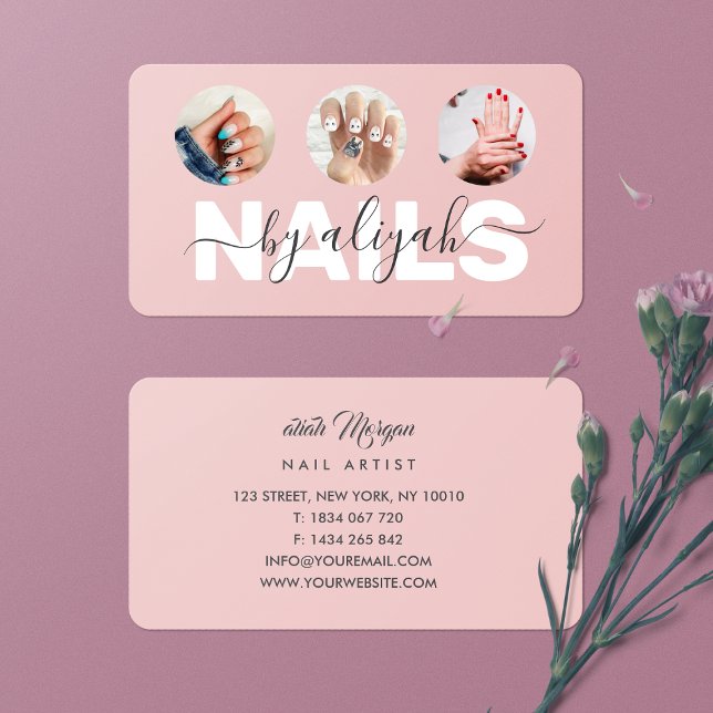 Rosa Foto Typografie Nail Artist Visitenkarte (Von Creator hochgeladen)