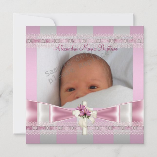 Rosa Foto Weißer Streifen Taufe Taufe Christening Einladung (Vorderseite)