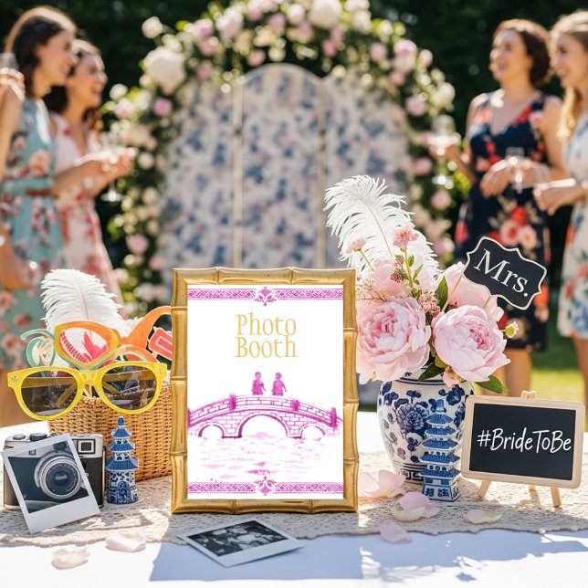 Rosa Fotobox-Schild "Elegante Brücke" Einladung (Pink Elegant Bridge Photo Booth Sign)