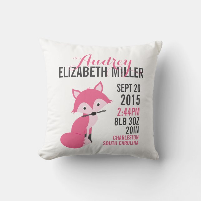Rosa Fox-Geburts-Mitteilungs-Kinderzimmer-Kissen Kissen (Vorderseite)