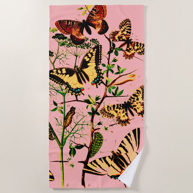 Rosa französische Schmetterlinge Strandtuch (Vorderseite)