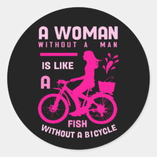 rosa Frau ohne Mann wie Fisch Fahrrad Feministin Runder Aufkleber