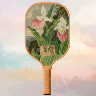 Rosa Frauenschuh Vintage Florale Orchidee Monogram Pickleball Schläger