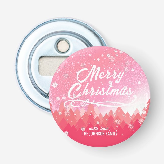 Rosa Friedlicher Schneewald Frohe Weihnachten Flaschenöffner (Vorderseite)