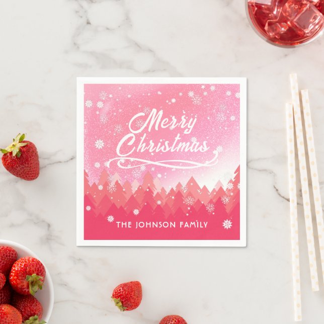 Rosa Friedlicher Schneewald Frohe Weihnachten Serviette (Beispiel)