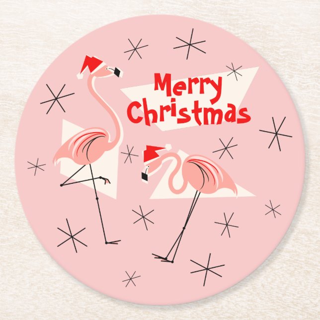 Rosa frohe Weihnachten Flamingo-Sankt rund Runder Pappuntersetzer (Vorderseite)