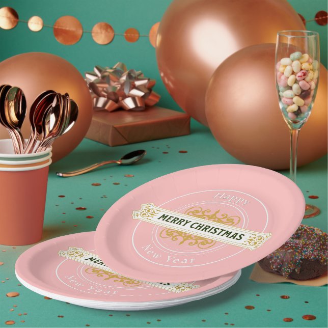 Rosa frohe Weihnachten, glückliches neues Jahr Pap Pappteller (Multi)