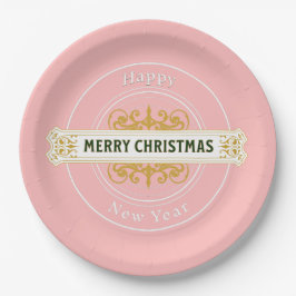 Rosa frohe Weihnachten, glückliches neues Jahr Pap Pappteller