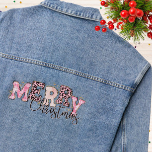 Rosa Frohe Weihnachten Kariert Leopard Print Glitz Jeansjacke