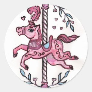 Rosa fröhlich-gehen-rundes horsie runder aufkleber